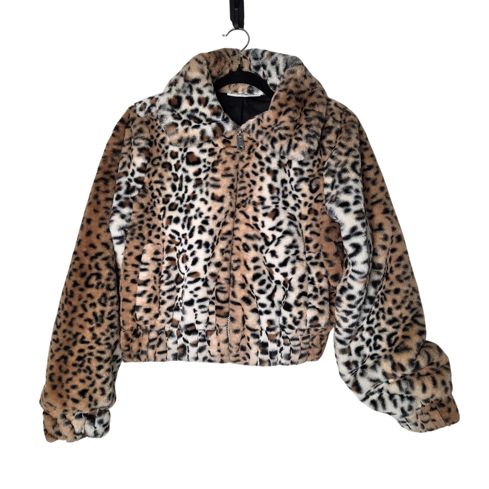 No Boundaries Jacket Womens XS Brown Leopard Print Faux Fur Bomber Zip Up Animal